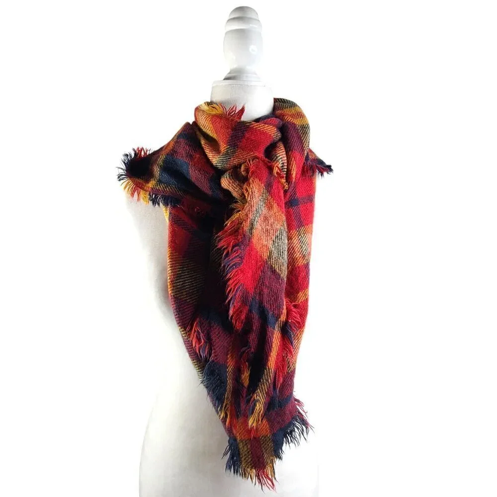 Women's Burnt Orange Red Navy Fringe Plaid Large Triangle Scarf Wrap